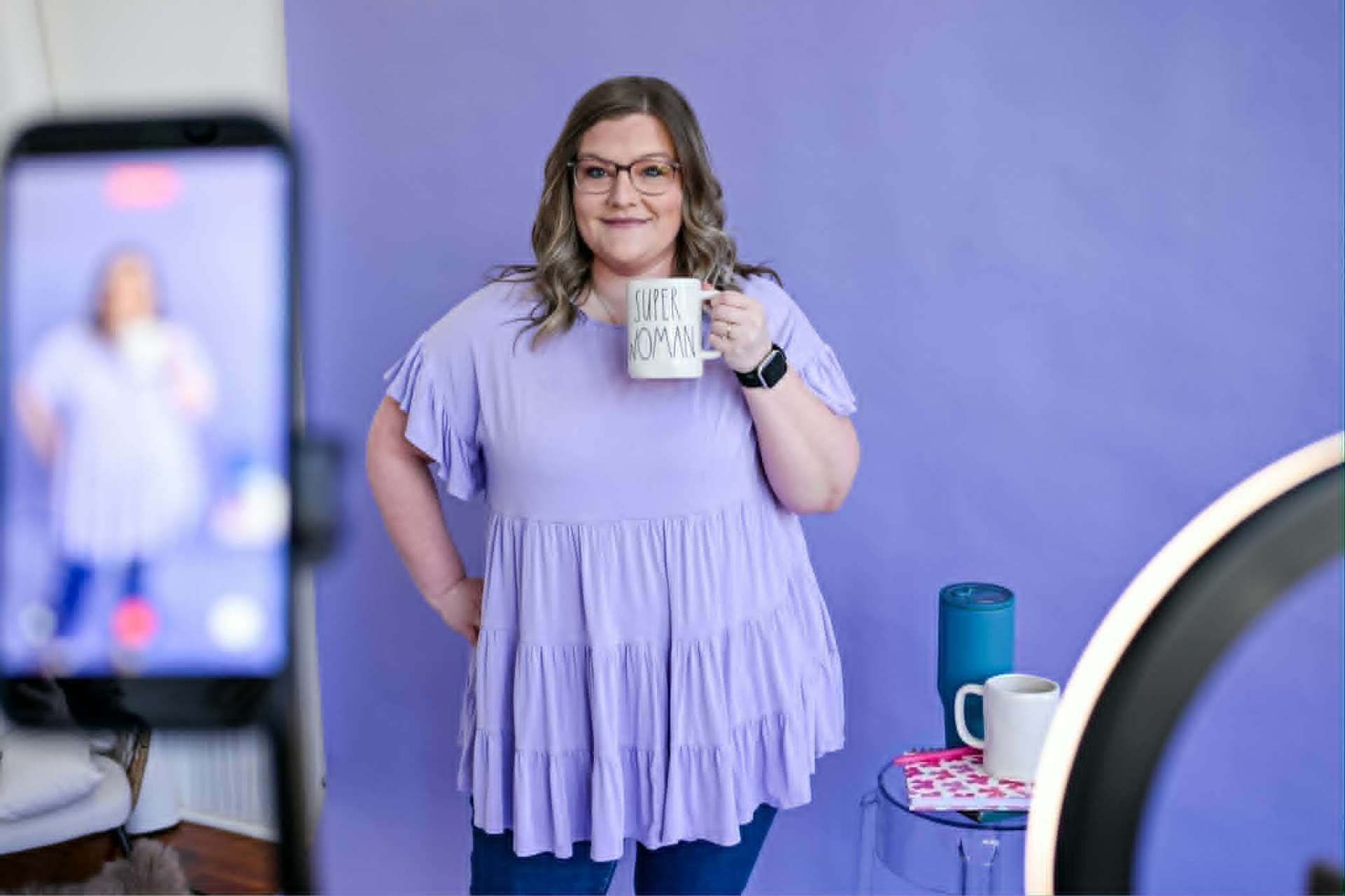 Behind the scenes of a content session in soft purple light